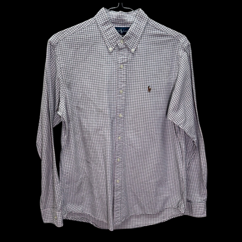 Ralph Lauren Shirt Mens L‎ Pink Navy Check Custom Fit Button Down Long Sleeve